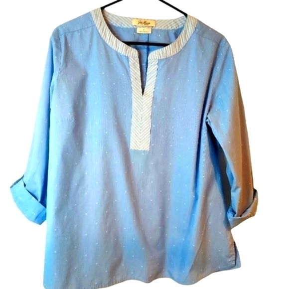 Van HEUSEN 3/4 sleeve V neck chambray casual summer tunic shirt top Sz L - Picture 2 of 11